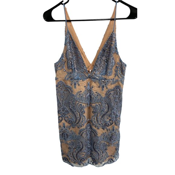 Free People NWT Blue Nude Sequined Paisley Lace Slip Dress Sz 0 - Picture 1 of 14